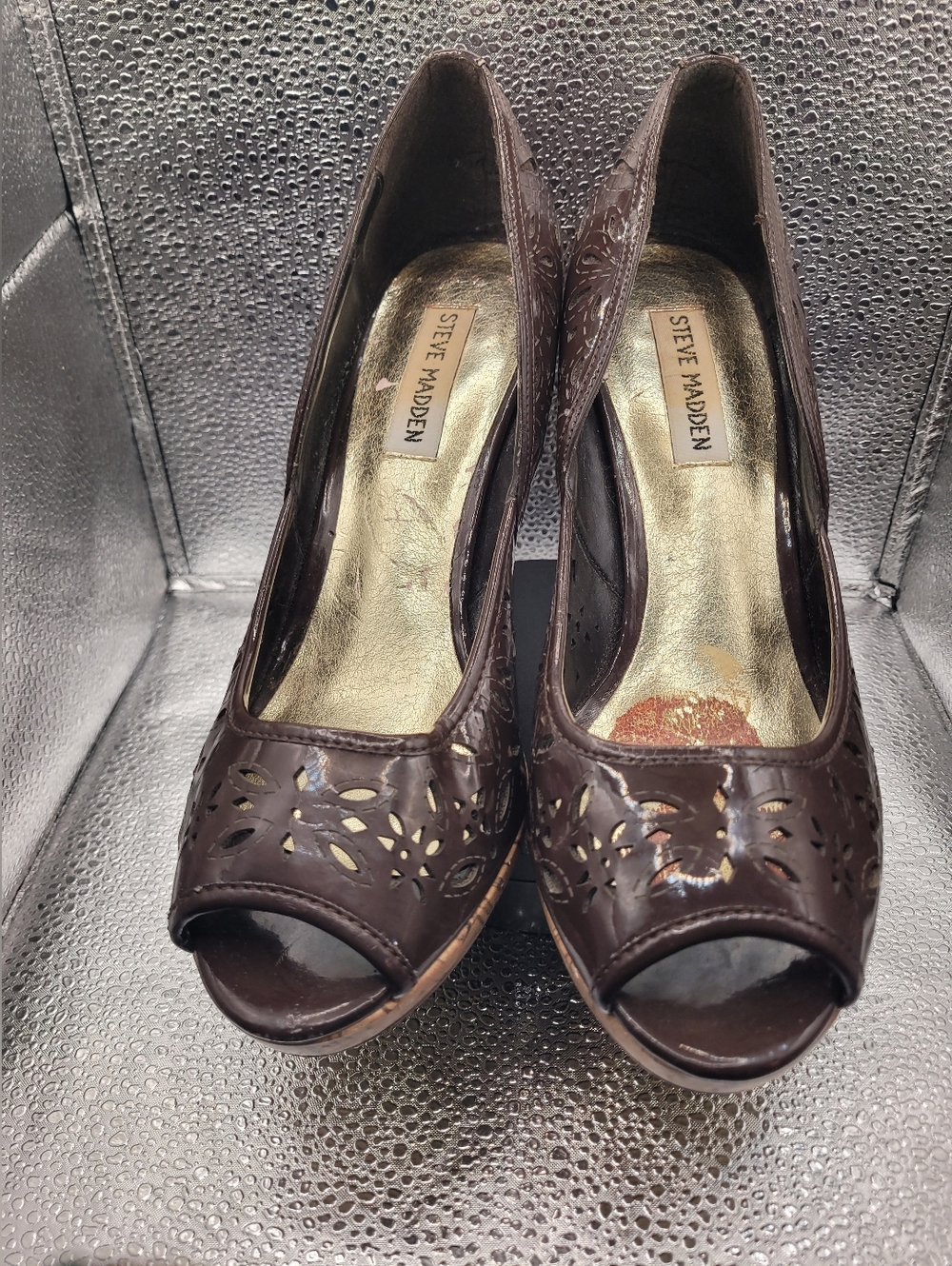 Steve Madden Dark Brown Faux Patent Peep-Toe Heels with Cutout Detail